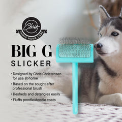 Chris Christensen Big G Dog Slicker Brush teal with extra-long pins for thorough deshedding.