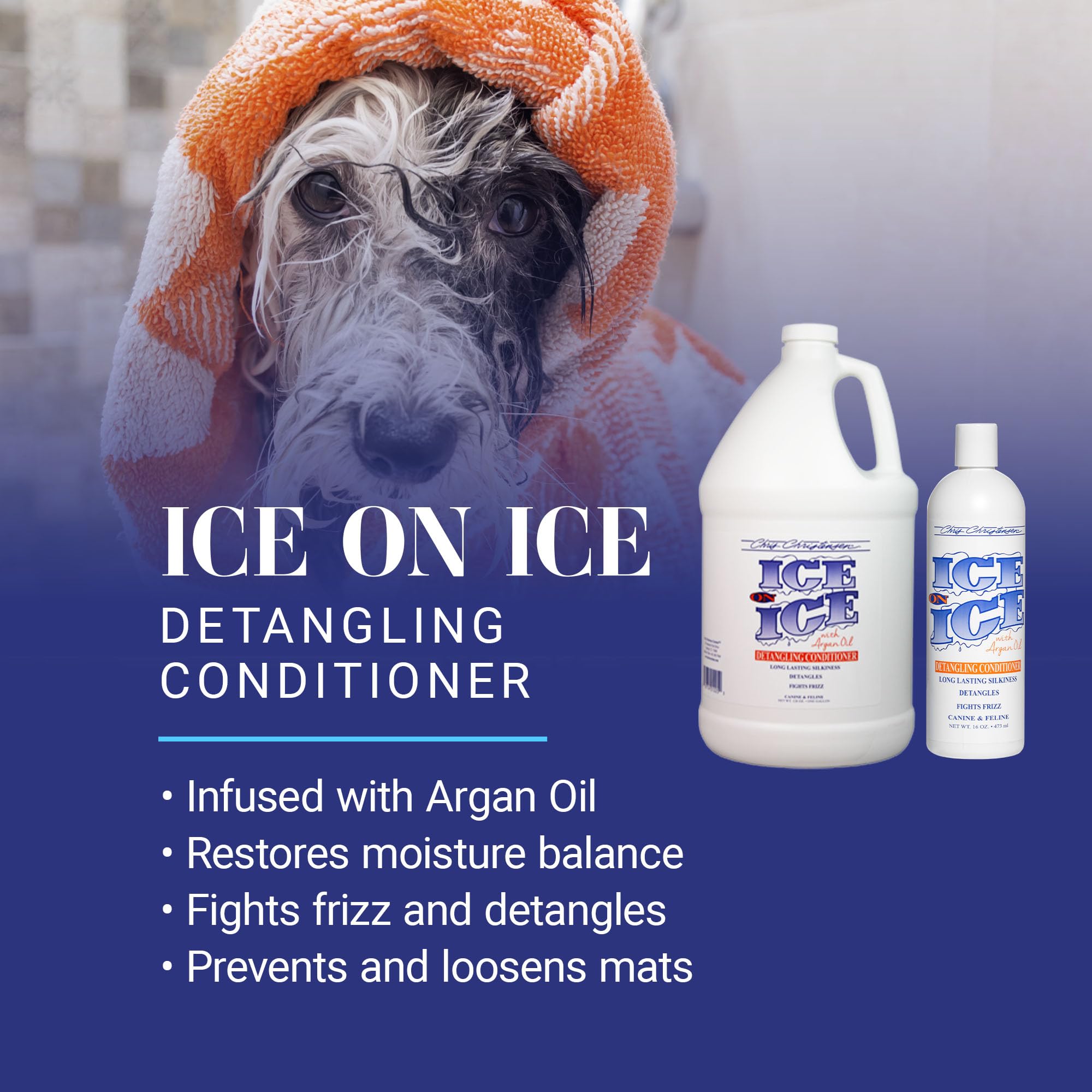 Chris Christensen Ice on Ice application on a dog coat for easy grooming and detangling.