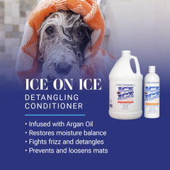 Chris Christensen Ice on Ice application on a dog coat for easy grooming and detangling.
