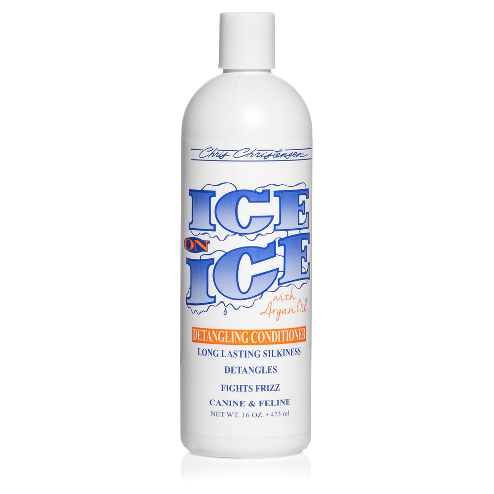 Chris Christensen Ice on Ice detangling conditioner bottle for knot-free detangling and lasting shine.