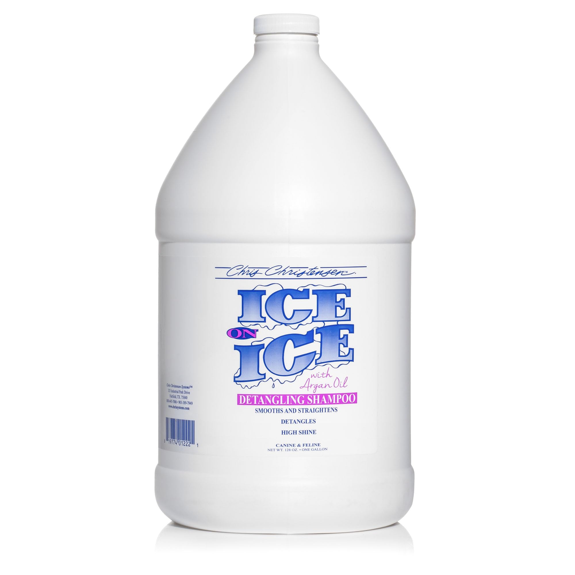 Chris Christensen Ice on Ice shampoo bottle highlights detangling formula for damaged coats.