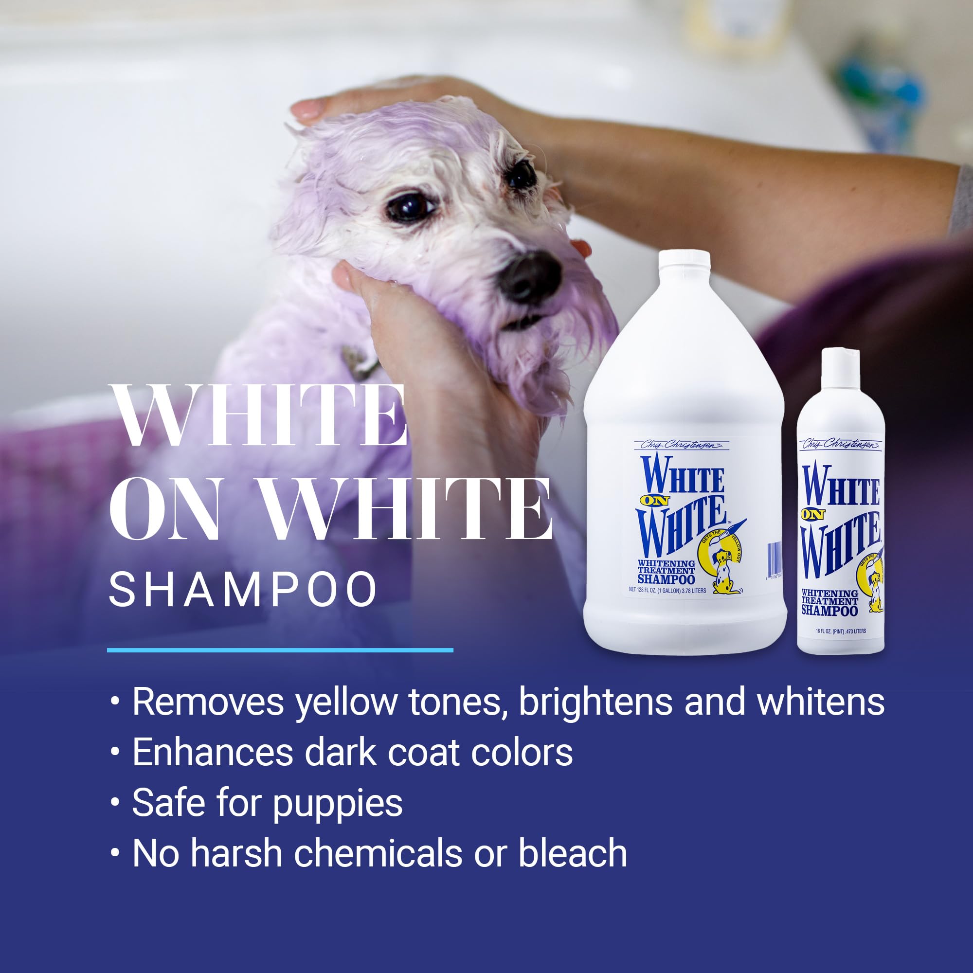 Chris Christensen White on White shampoo bottle, promoting vibrant mixed-color coats.