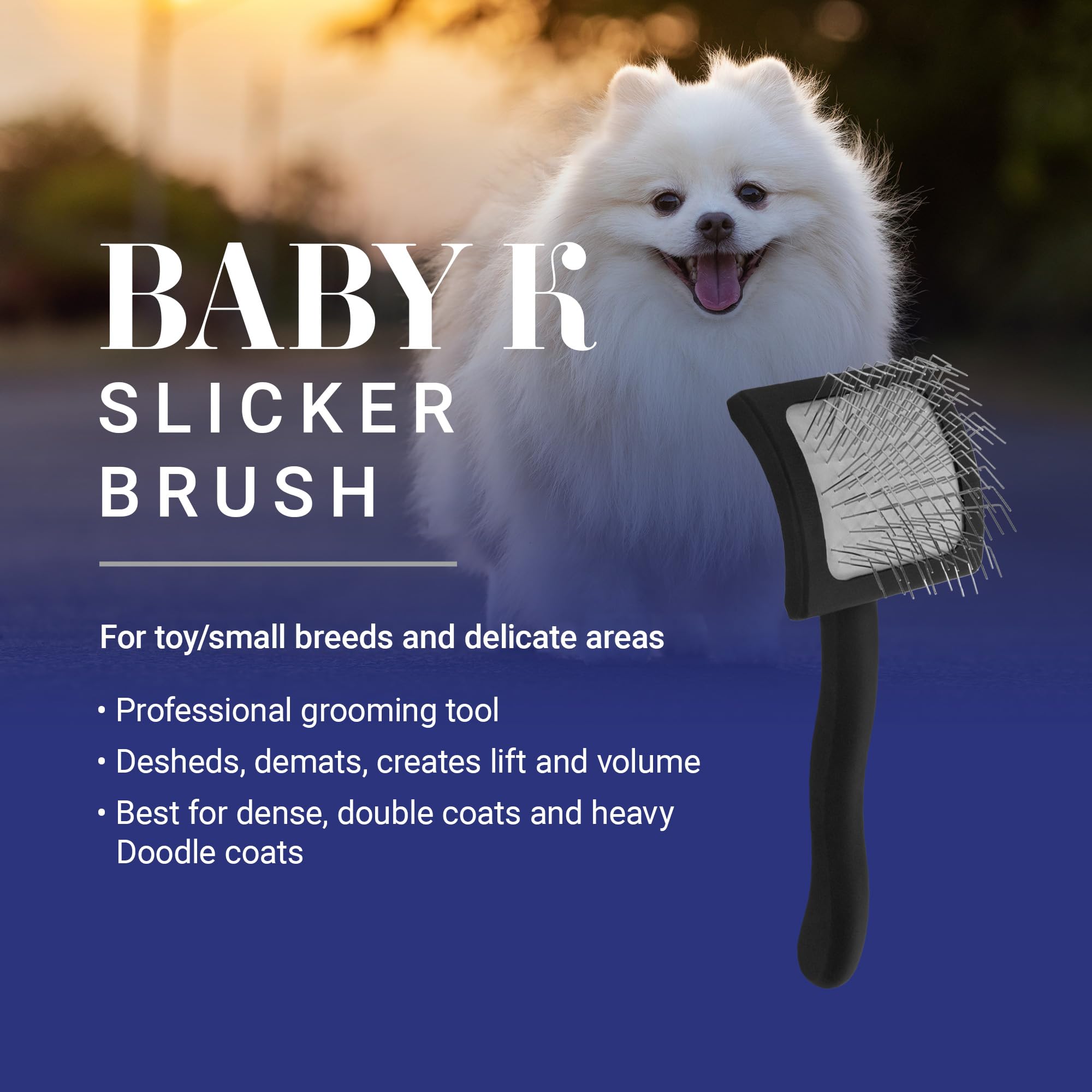 Chris Christensen Baby K Slicker Brush grip handle aids comfortable grooming sessions.