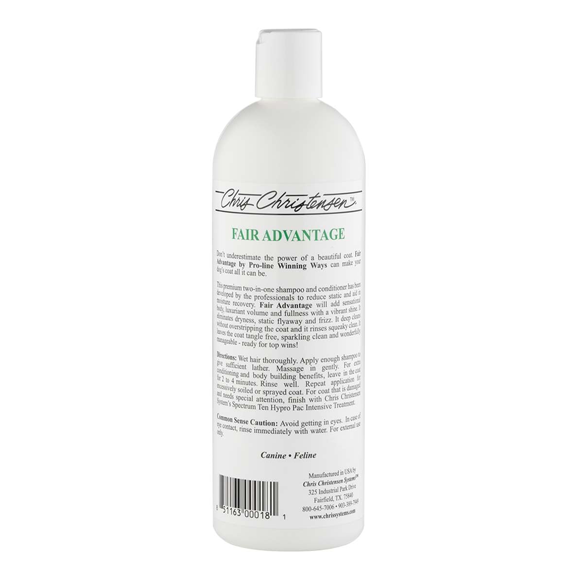 Chris Christensen Pro-line Fair Advantage bottle with pump demonstrates easy, thorough shampoo application.