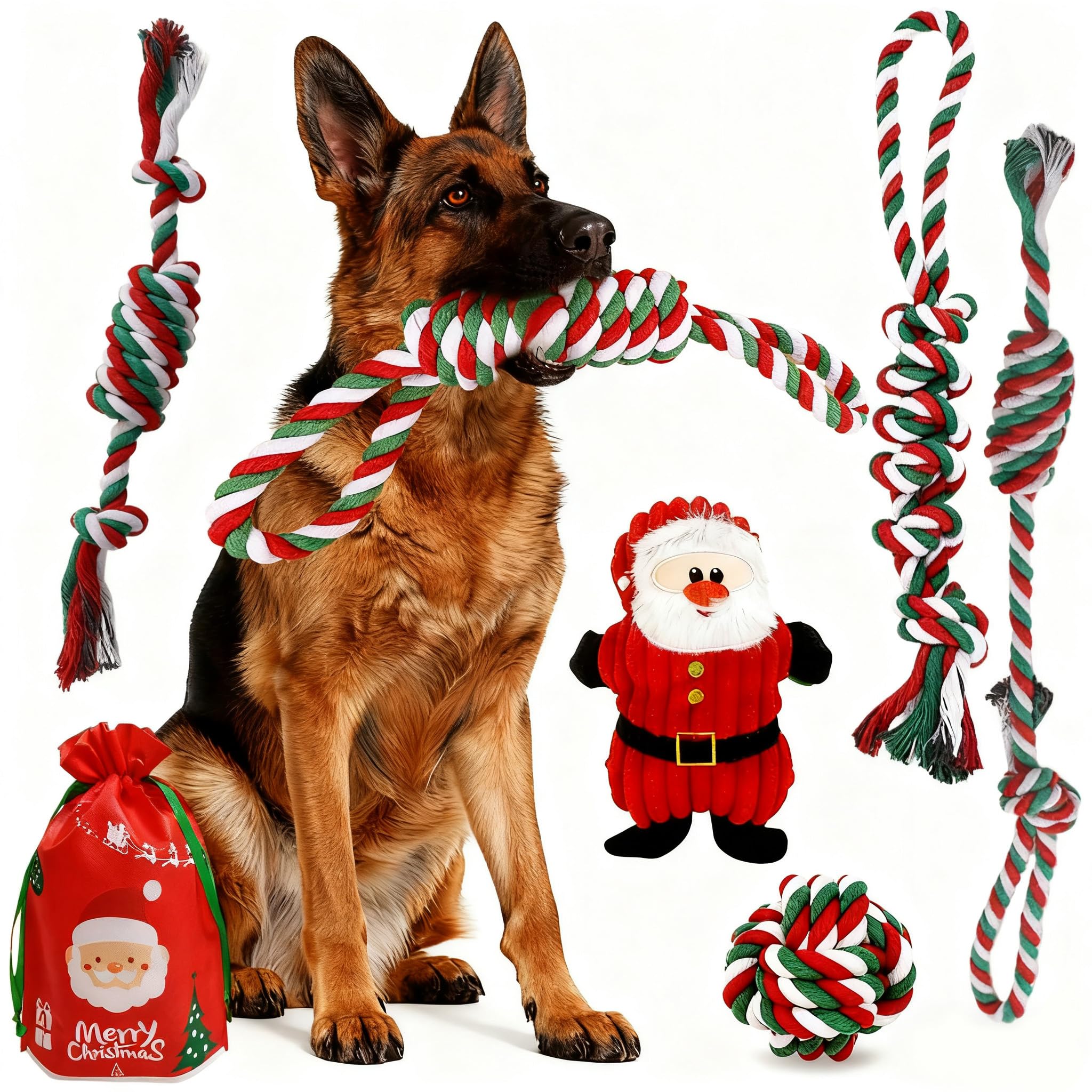 Christmas Dog Toy Set rope toys close-up shows durable gum-friendly chewing for heavy chewers