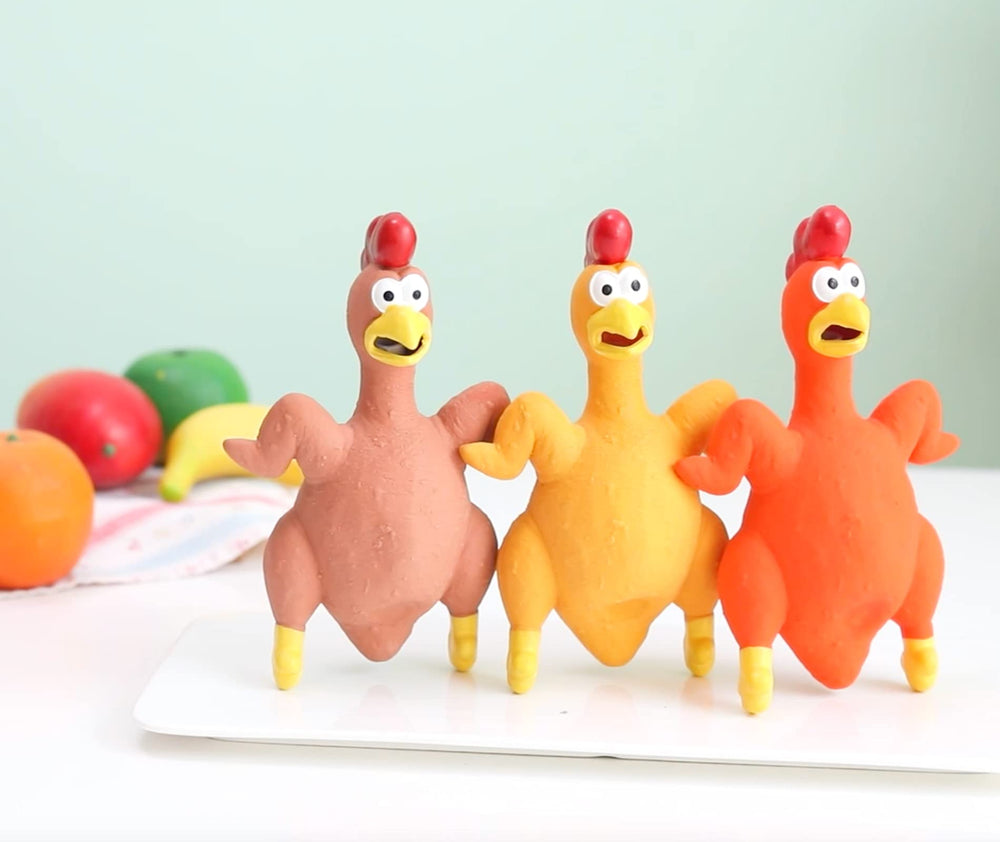 ChubbyPiggies rubber chicken dog toy action fetch highlights loud squeak