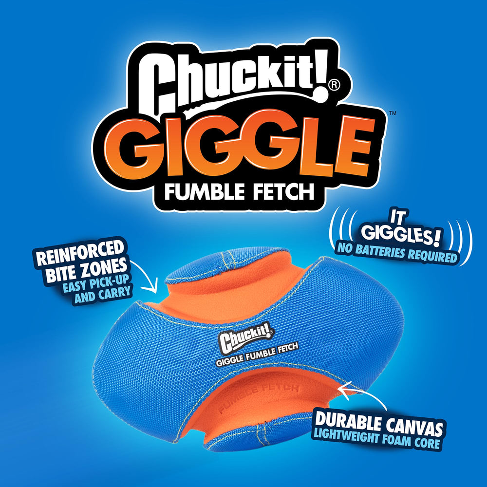 Chuckit! Giggle Fumble ball canvas outer layer shows durable construction for rough fetch.