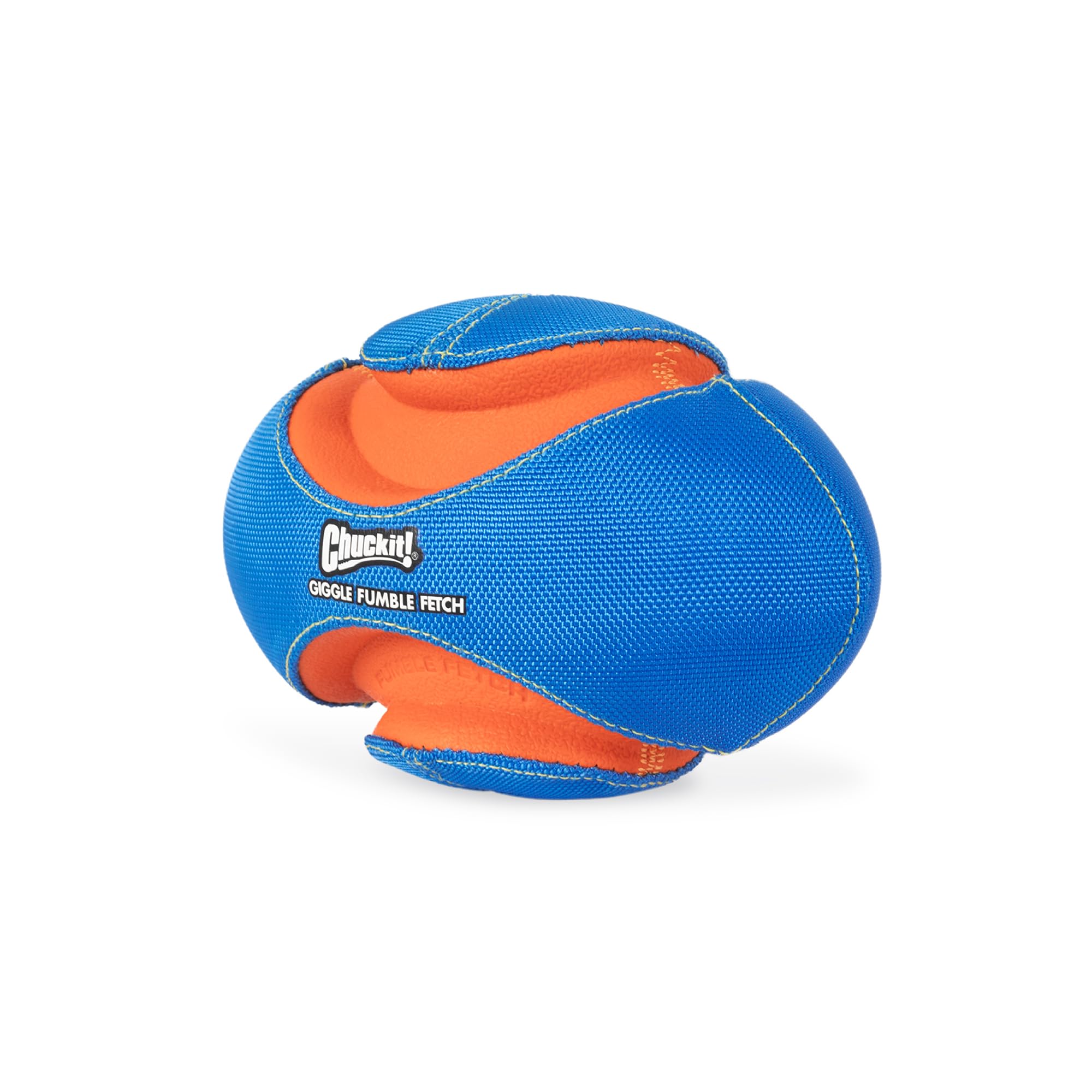 Chuckit! Giggle Fumble ball close-up emphasizing no-battery giggle sound on bounce.