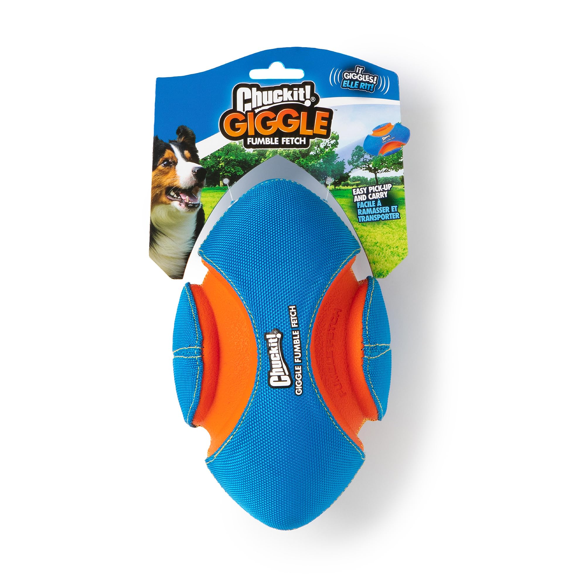 Chuckit! Giggle Fumble ball in throw-action showing its football shape for interactive fetch.