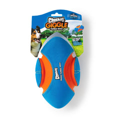 Chuckit! Giggle Fumble ball in throw-action showing its football shape for interactive fetch.