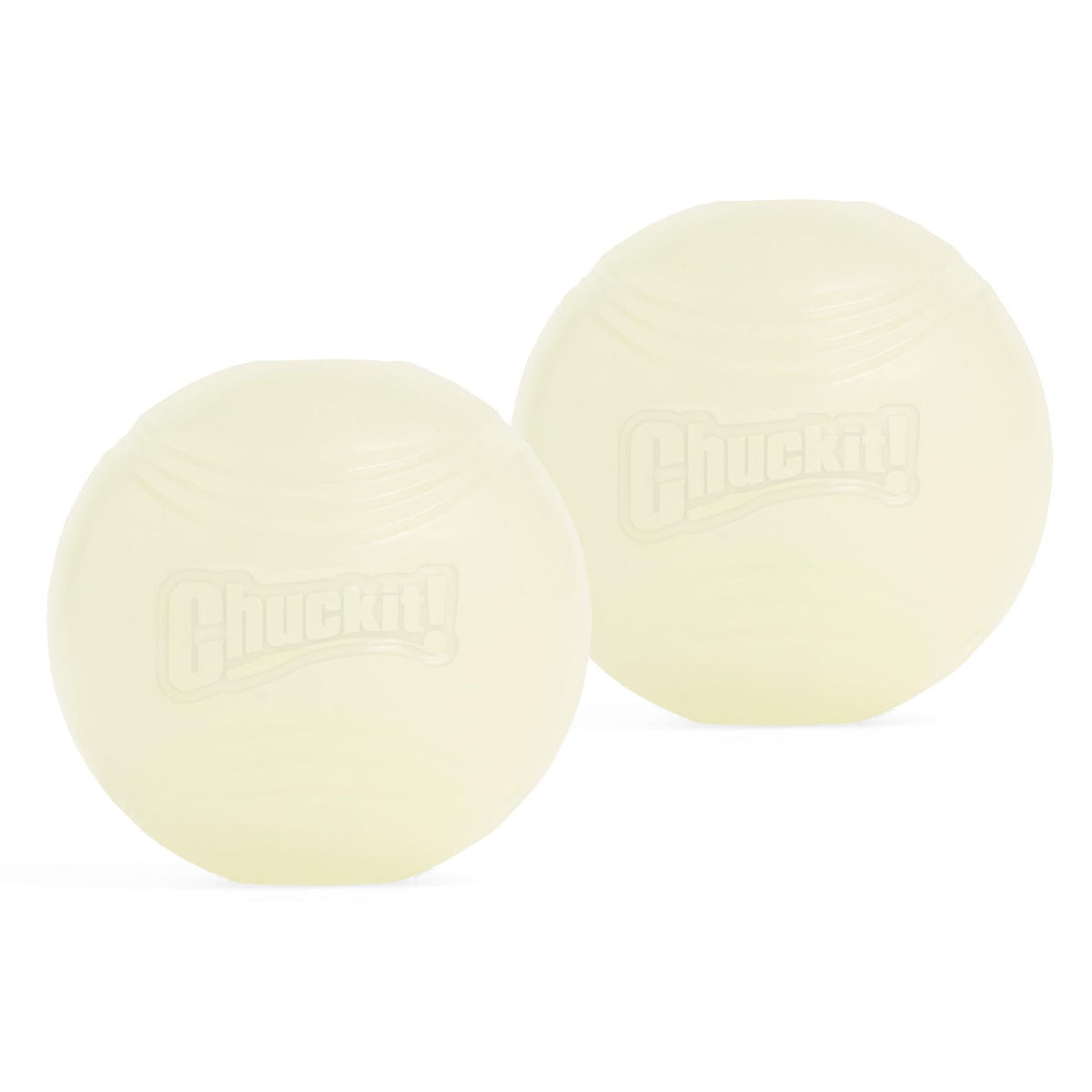 Chuckit! Glow in the Dark Bouncy Ball closeup highlights glow for night-time fetch fun.