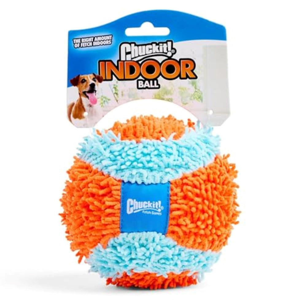 Chuckit! Indoor Fetch Ball—4.75 inch, orange and blue, shown in front view for indoor play