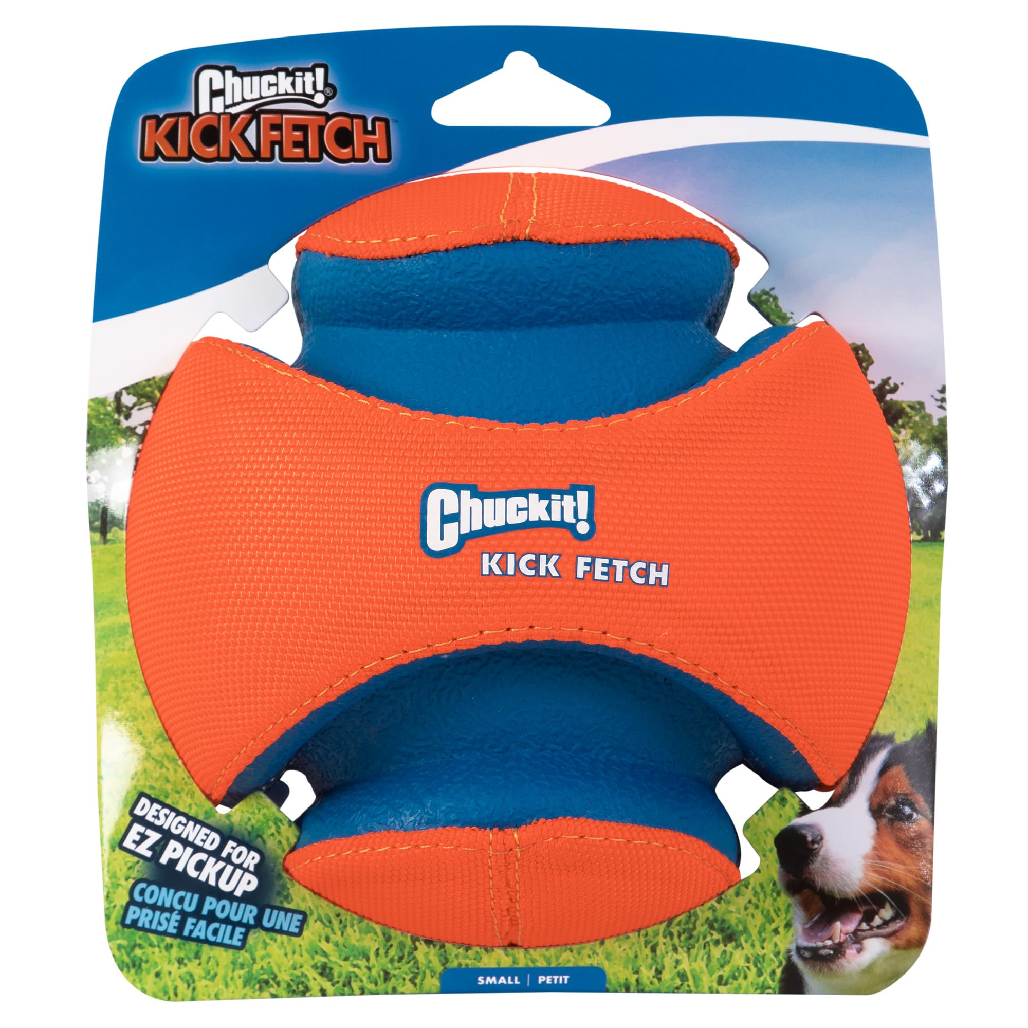 Chuckit Kick Fetch Ball small front view in bright orange and blue for easy spotting