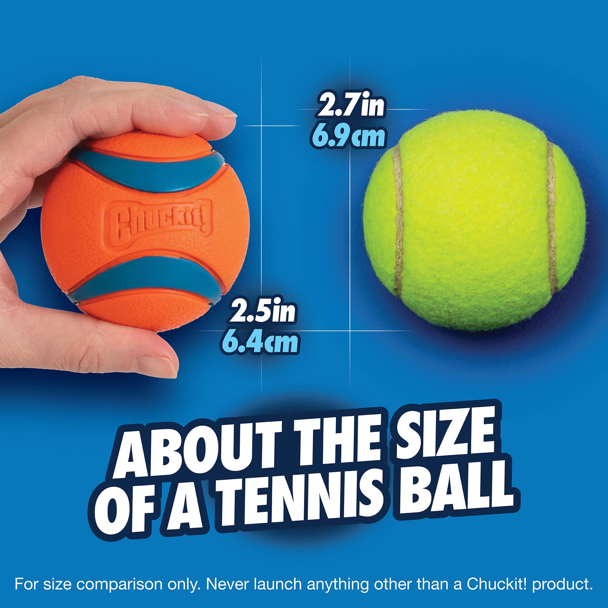 ChuckIt! Ultra Ball bright-orange-blue visibility helps quick spotting in grass.
