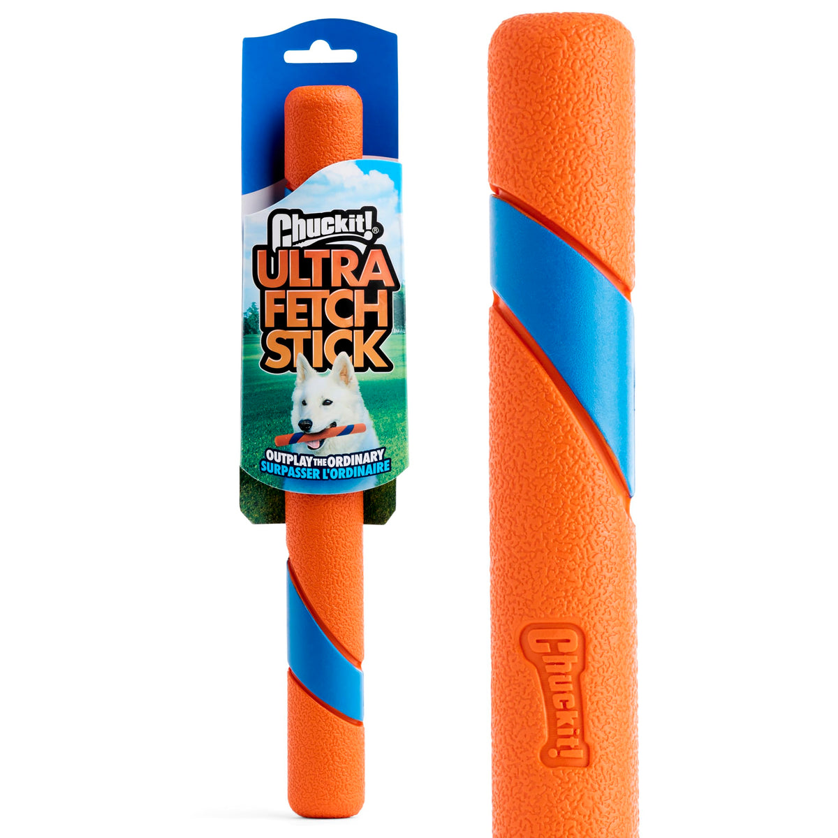 Chuckit! Ultra Fetch Stick 12-inch visible in grass for easy retrieval.