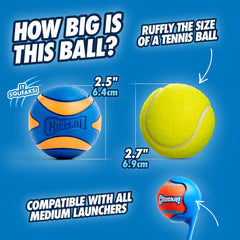 Chuckit! Ultra Squeaker Ball floating in water highlighting buoyant dog toy for waterfront games.