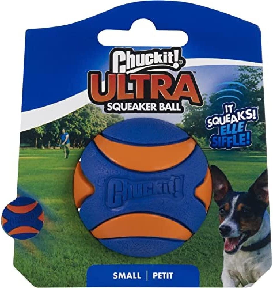 Chuckit! Ultra Squeaker Ball close-up shows textured grip and durable rubber.