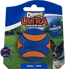Chuckit! Ultra Squeaker Ball close-up shows textured grip and durable rubber.