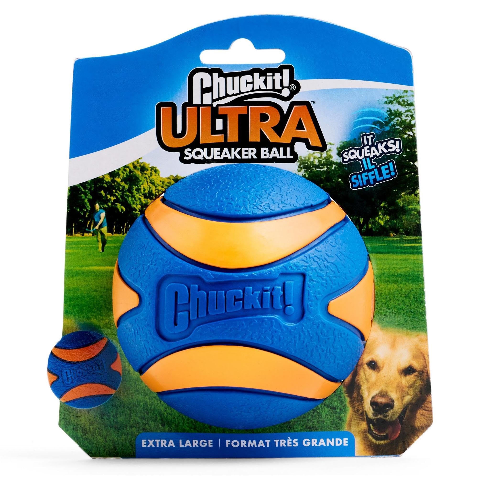 Chuckit Ultra Squeaker Ball XL side view highlighting its high bounce for interactive fetch