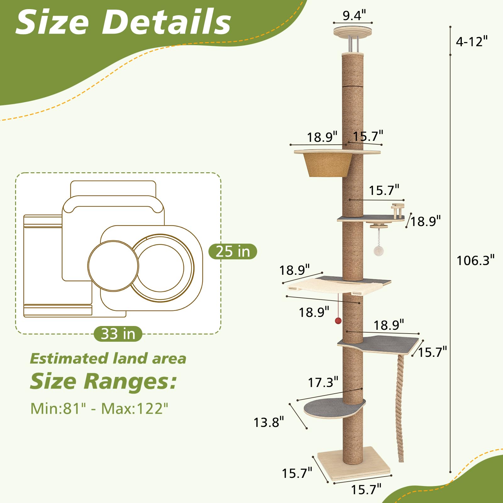 Chuiendi adjustable height 82-120 inch cat tower fits varying ceiling heights.
