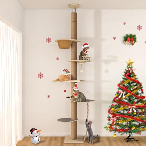 Chuiendi floor-to-ceiling cat tree setup showing sturdy base and ceiling fit for tall rooms.