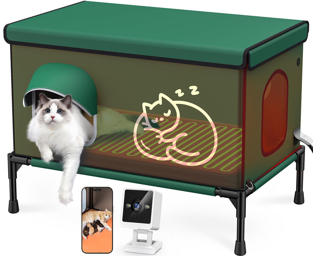 Chumajor heated outdoor cat house with inside camera for remote monitoring.