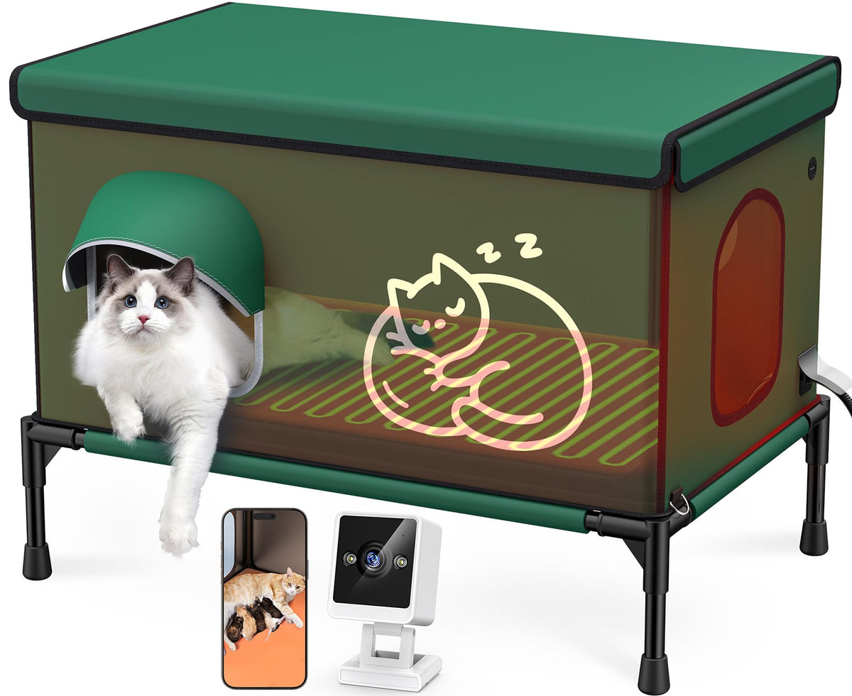 Chumajor heated outdoor cat house with inside camera for remote monitoring.
