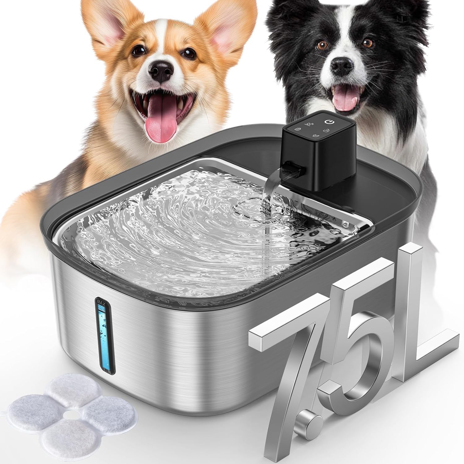 Chumajor water fountain 7.5L mega-tank provides long-lasting hydration for large dogs.