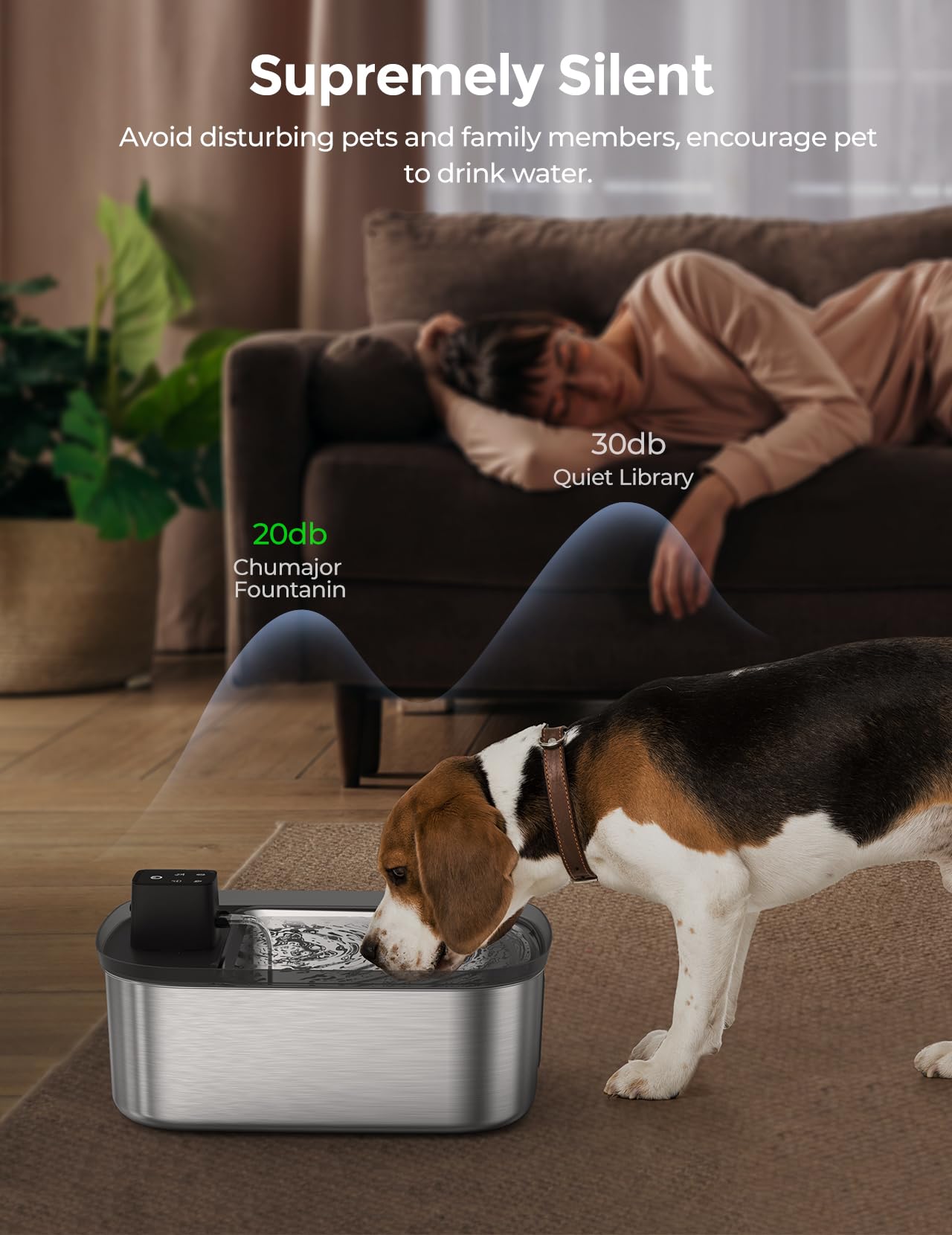 Chumajor water fountain hybrid-power supports cordless use with backup during outages.