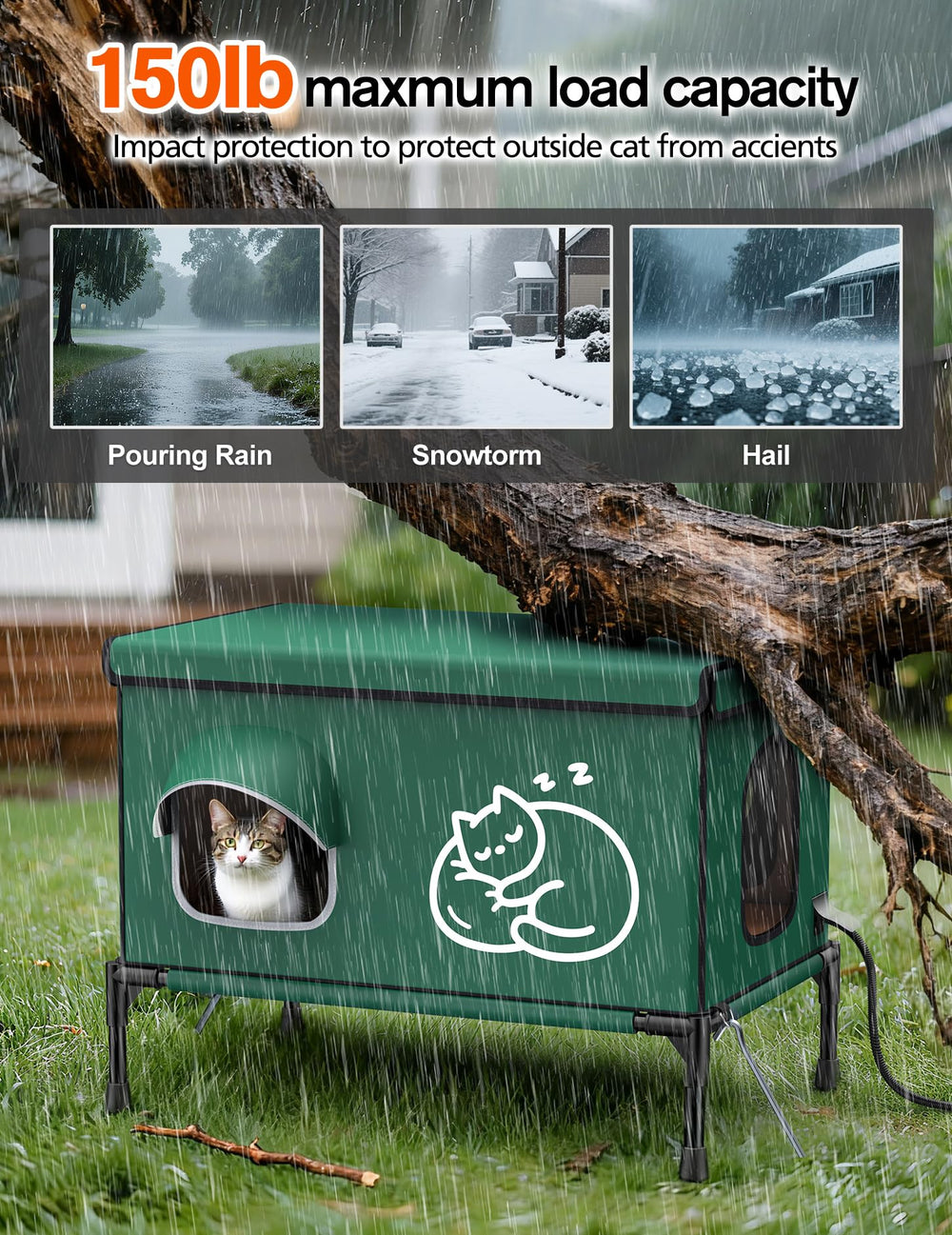 Chumajor waterproof elevated cat house with bright windows for visibility.