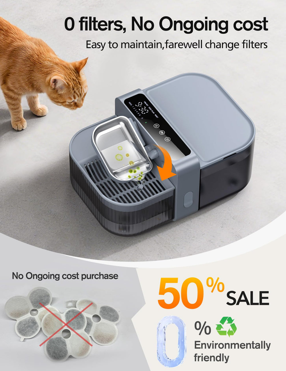 Chumajor Wireless Cat Water Fountain no-filter design highlights low maintenance.