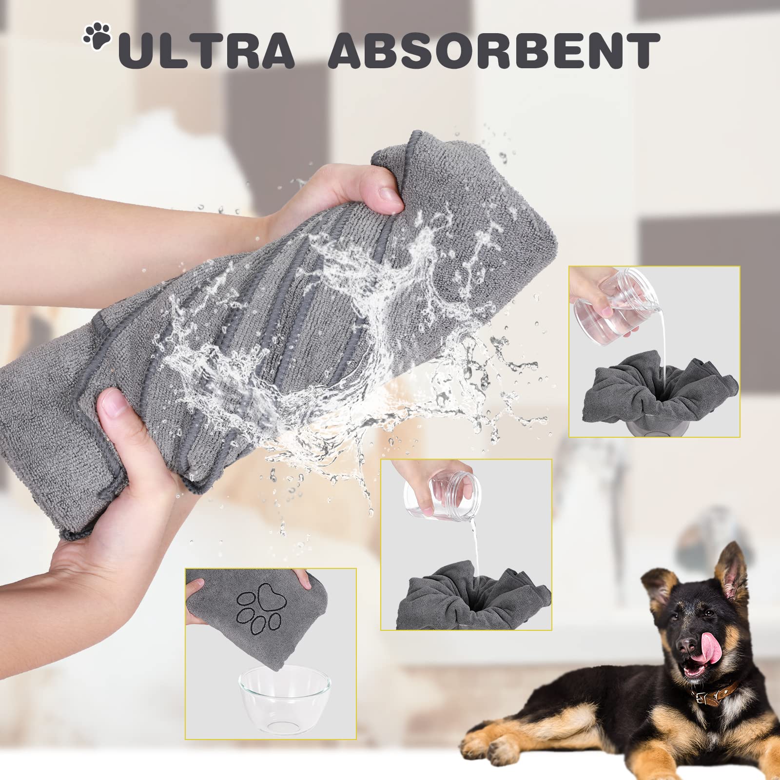 Chumia dog towel in use drying a dog, showing fast absorption capability