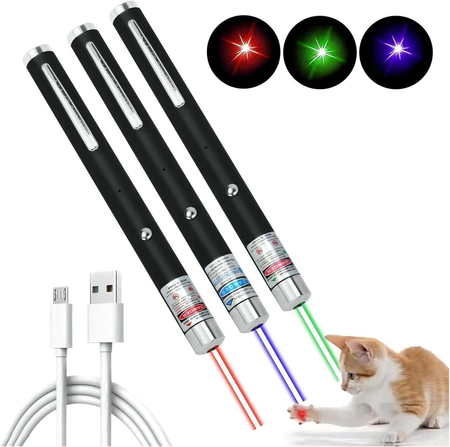 CHUQIANTONG 3Pcs Cat Toys USB rechargeable front view showing portable laser pointer for indoor play