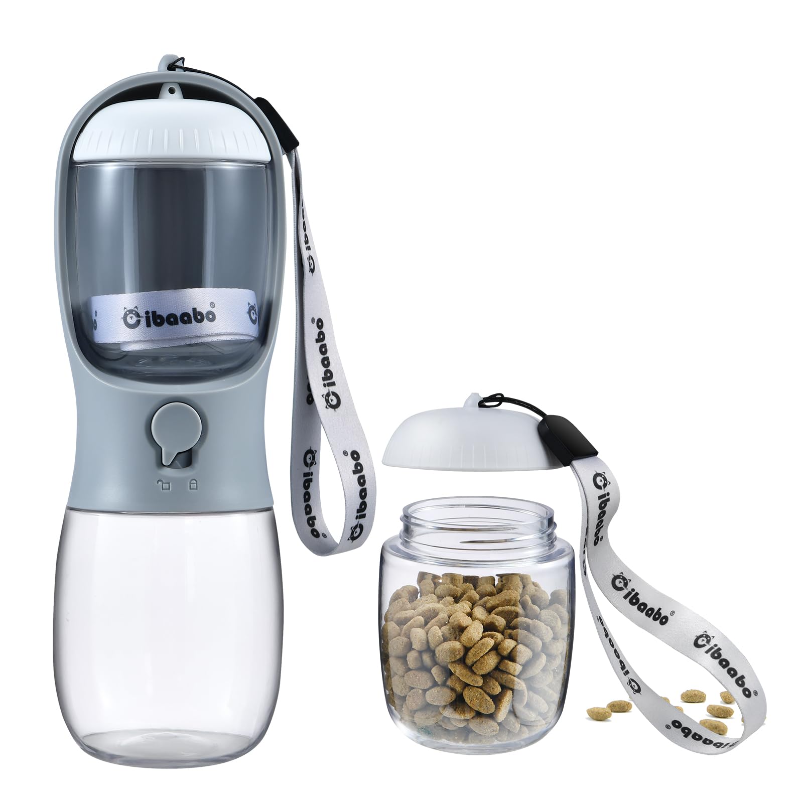 Cibaabo: botella de agua para perro con contenedor de alimentos, ideal para paseos con snacks.