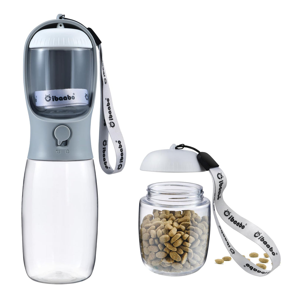 Cibaabo dog water bottle with food container closeup shows convenient on-the-go feeding.