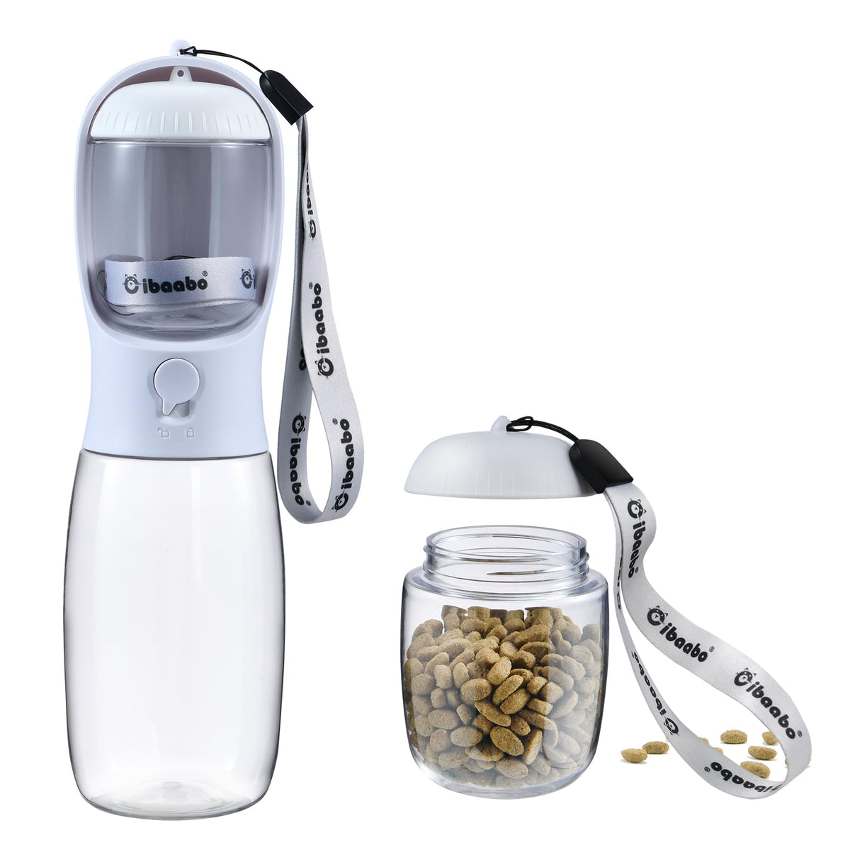 Cibaabo dog water bottle with food container shows convenient on-the-go hydration for small pets.
