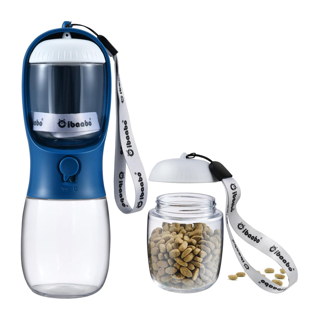 Cibaabo dog water bottle with food container setup combines water and snacks for on-the-go feeding