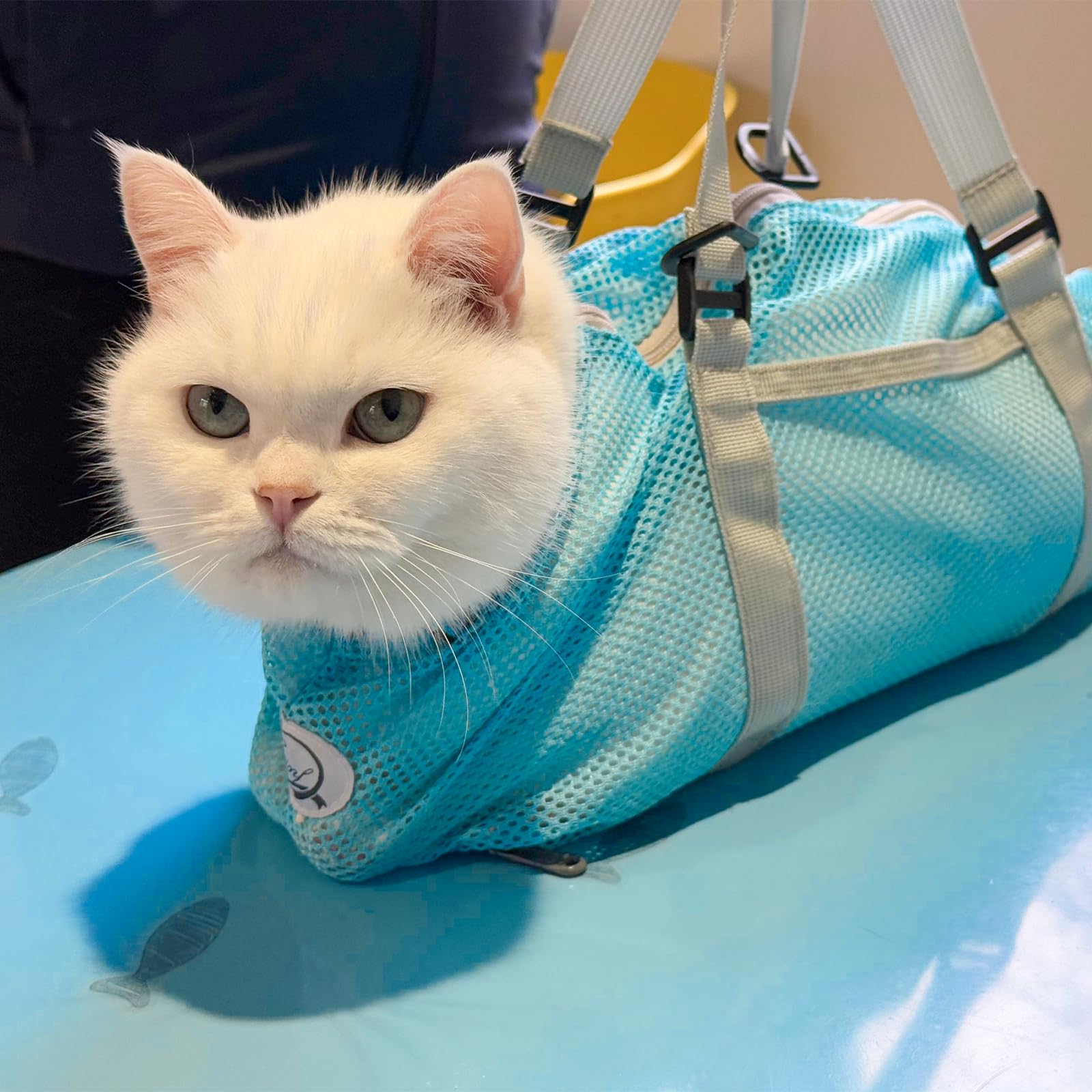 Cinf cat bathing bag light blue front view showing breathable mesh and secure fit.