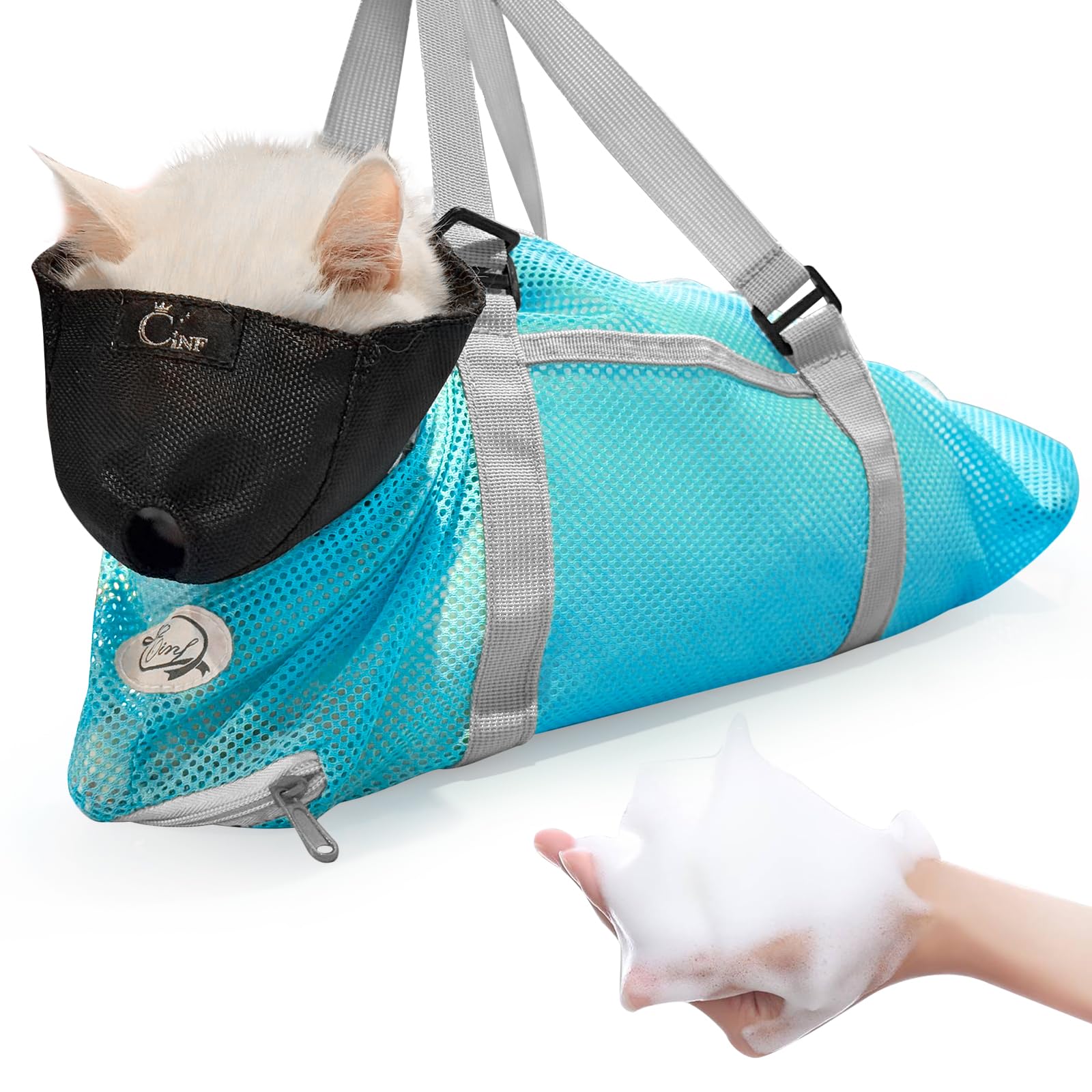 Cinf cat bathing bag muzzle attachment demonstrates adjustable muzzle for calm bath time.