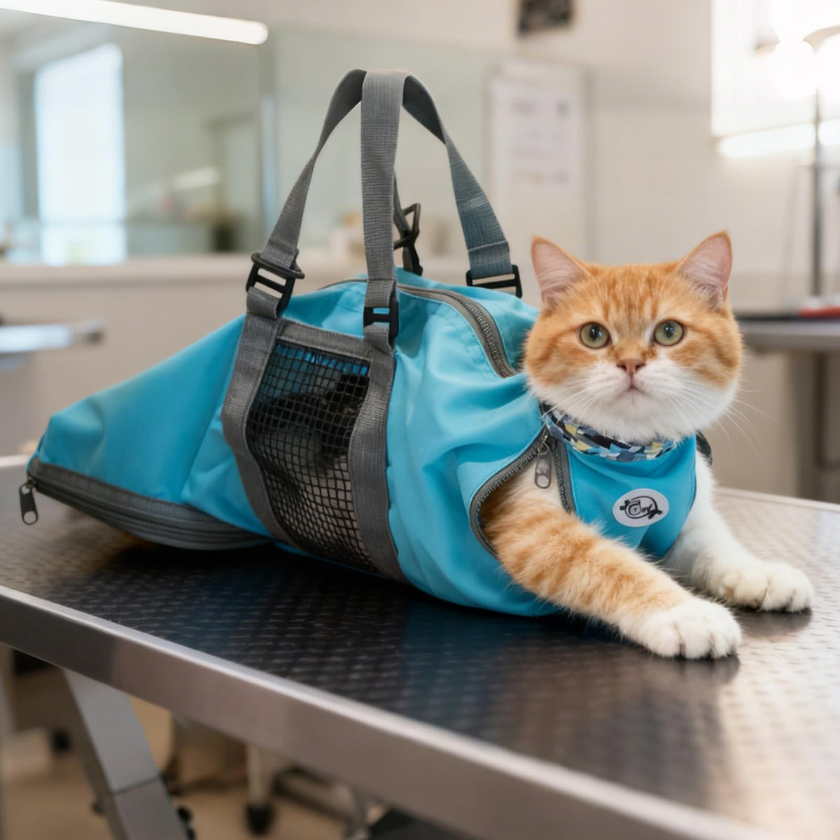Cinf Cat Grooming Bag blue front view enables safe nail trimming and bath access.