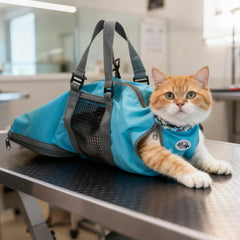 Cinf Cat Grooming Bag blue front view enables safe nail trimming and bath access.