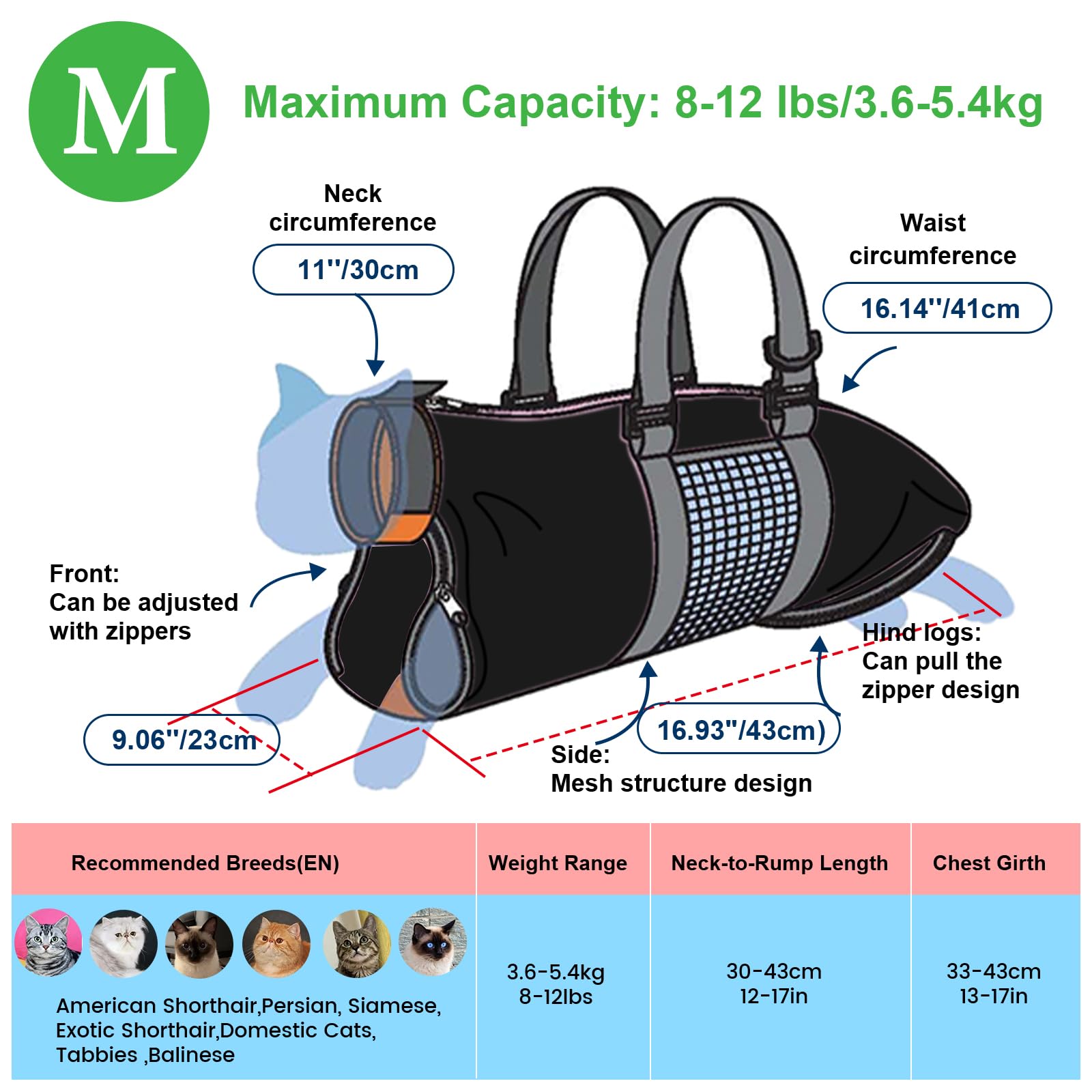 Cinf cat grooming bag rear zipper access for paw handling ease