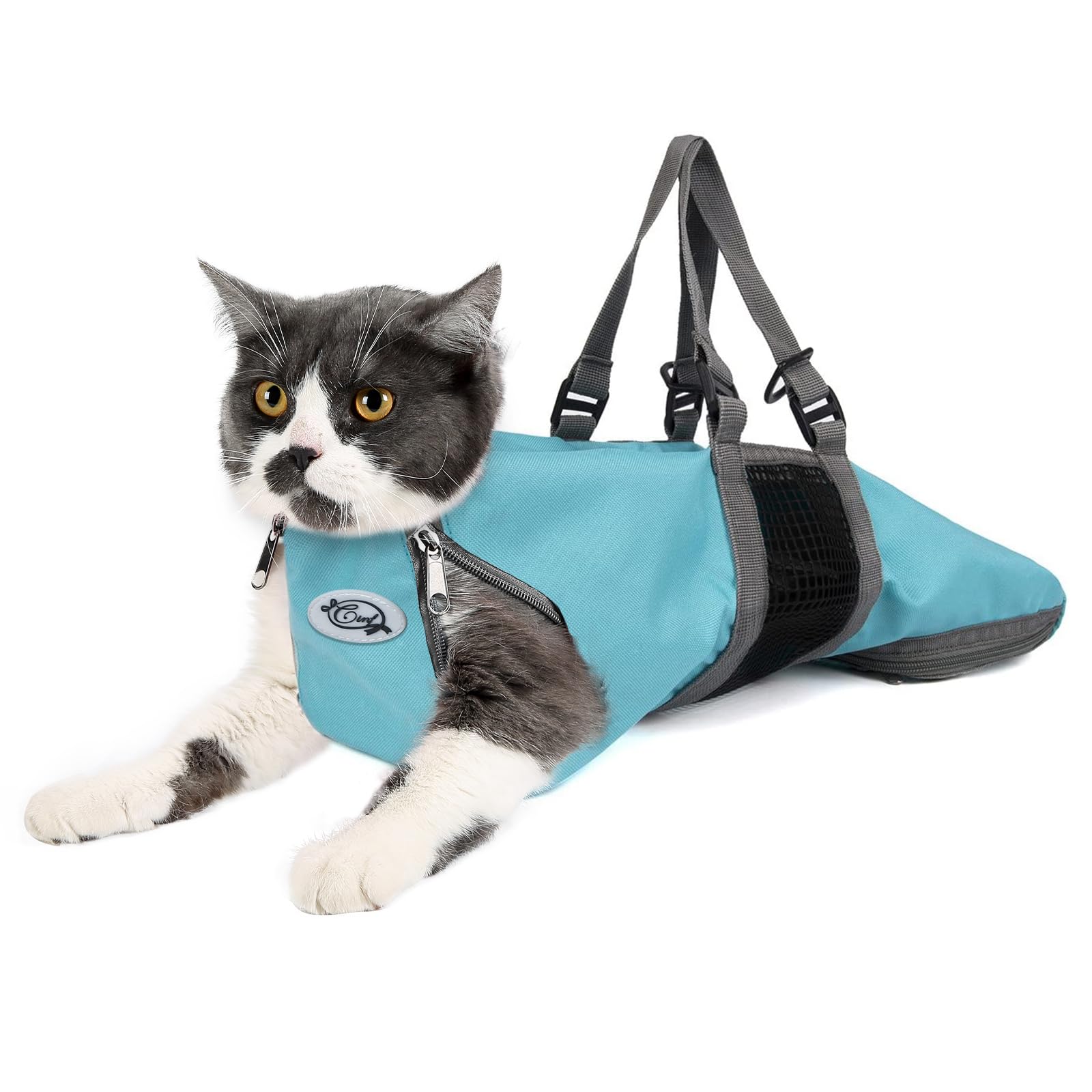 Cinf Cat Grooming Bag side-chest view demonstrates full-body restraint for grooming.