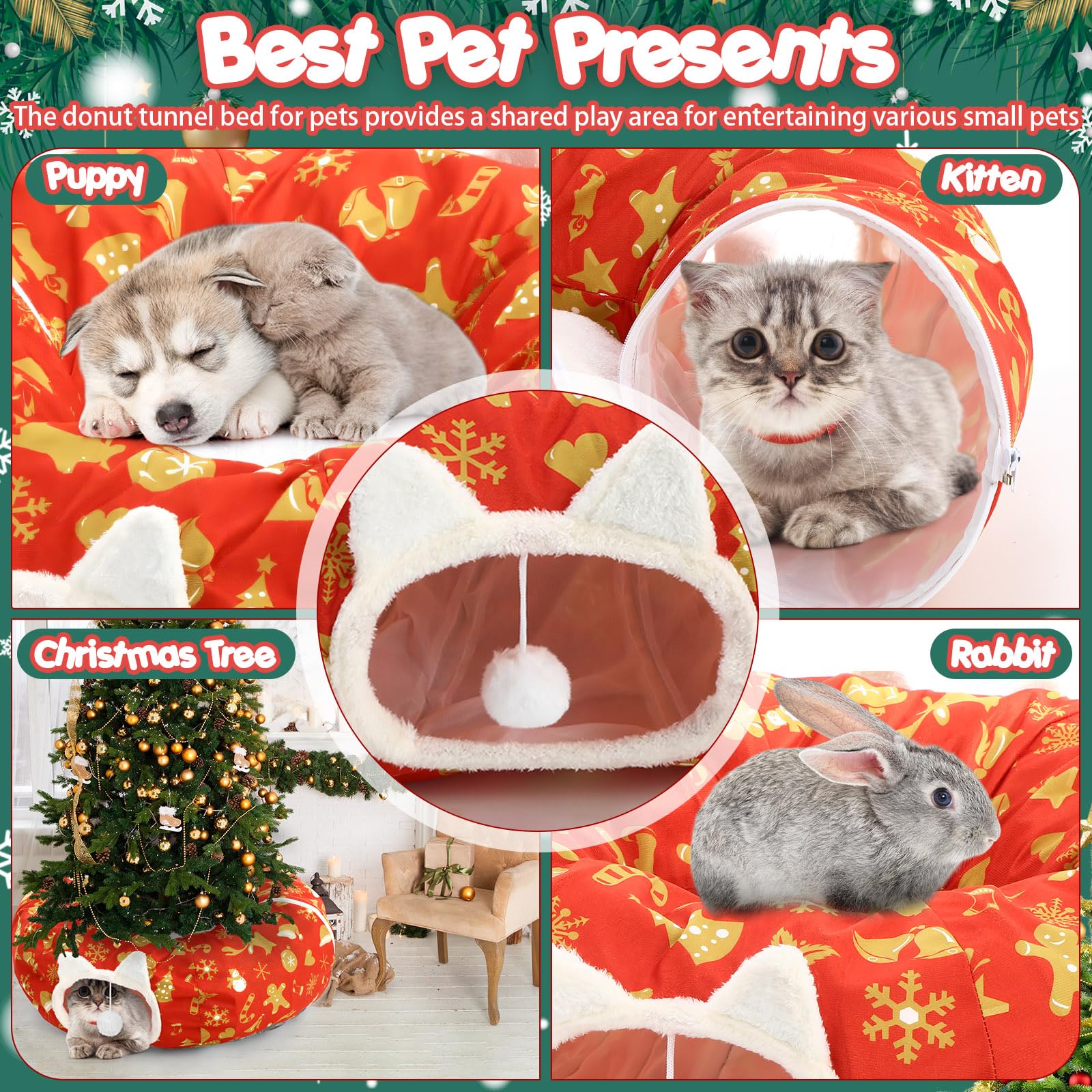 Cinnvoice Christmas Cat Tunnel Bed detachable washable cushion simplifies cleaning.