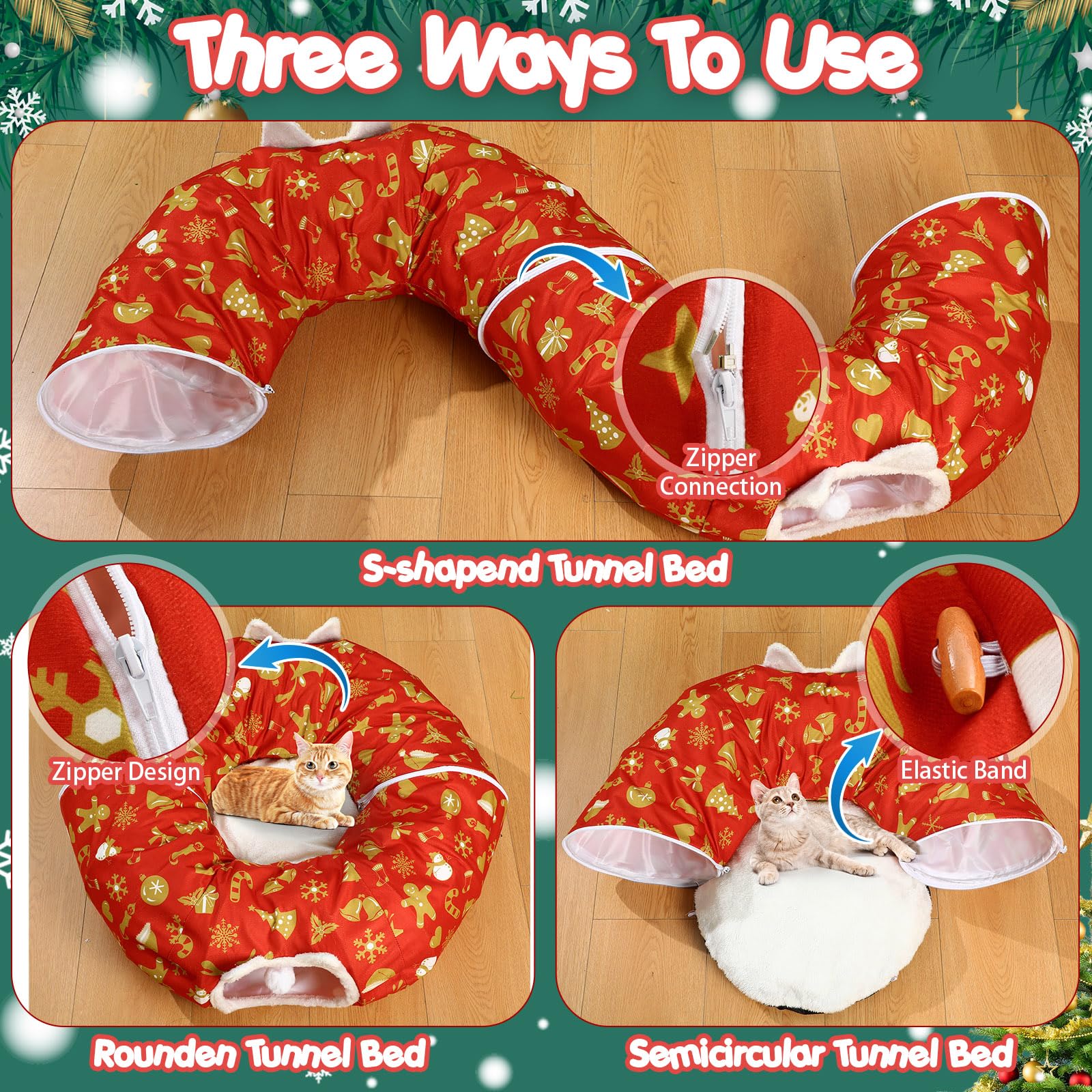 Cinnvoice Christmas Cat Tunnel Bed folded compact stores easily for travel and storage.