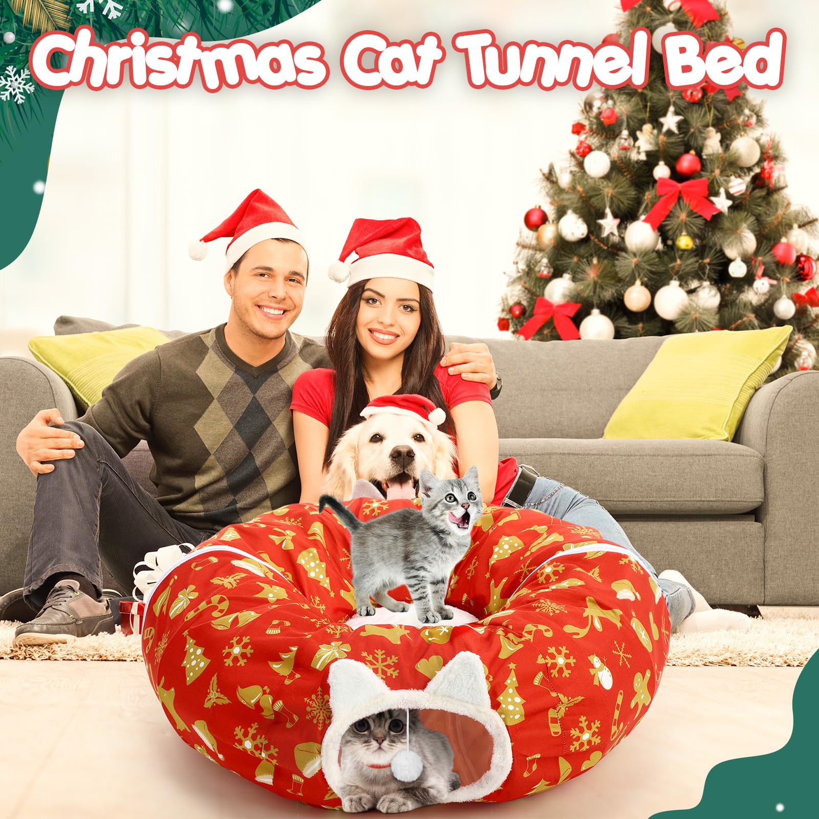 Cinnvoice Christmas Cat Tunnel Bed in home tree scene complements holiday décor while pets relax.