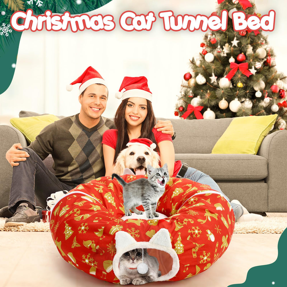 Cinnvoice Christmas Cat Tunnel Bed in home tree scene complements holiday décor while pets relax.