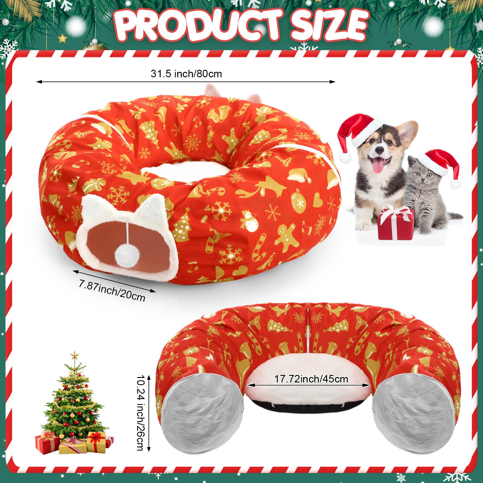 Cinnvoice Christmas Cat Tunnel Bed red donut design adds festive décor and cozy comfort.