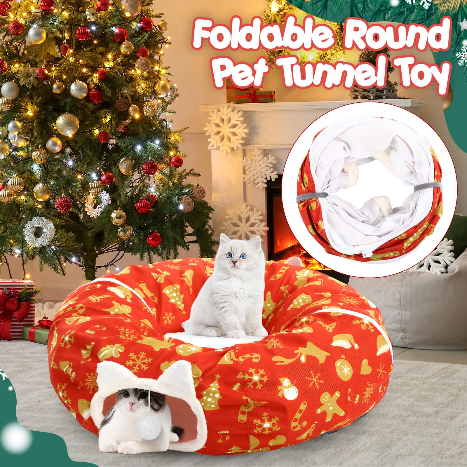 Cinnvoice Christmas Cat Tunnel Bed soft plush interior invites snug naps.