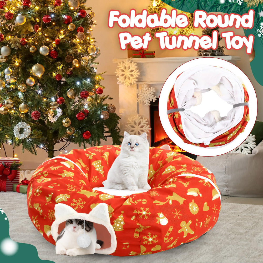 Cinnvoice Christmas Cat Tunnel Bed soft plush interior invites snug naps.